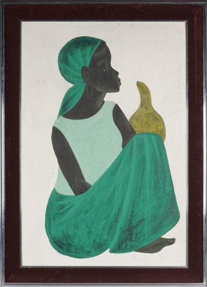 MANDA, DRC-20 th Sans titre (Femme à la jupe verte). Huile sur panneau. 87 x 58,5....