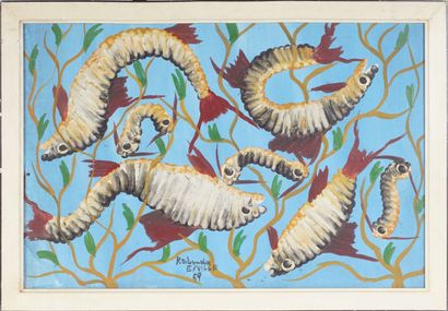 KABINDA (Luda, DRC, 1927 - ?) Sans titre (Poissons). Huile sur toile. 41 x 60. Signée,...