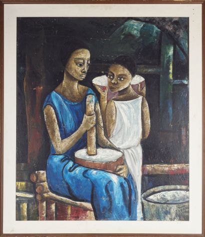 NSITAN, DRC 20th Sans titre (Femme et enfant). Huile sur papier. 98 x 83. Signée,...