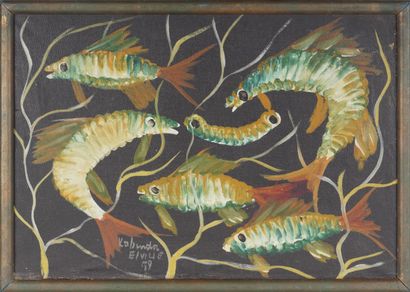 KABINDA (Luda, DRC, 1927 - ?) Sans titre (Poissons). Huile sur toile. 58 x 40. Signée,...