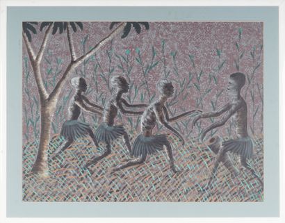 MWILA (20th Century - Lubumbashi, DRC) Untitled (Dance scene). Canvas mounted on...