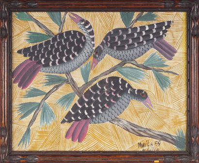 MWILA (20th Century - Lubumbashi, DRC) Sans titre (Trio d’oiseaux). Huile sur papier....