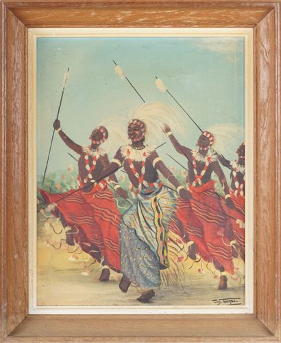 Jos TOUMBA, DRC, 1942-1990 Sans titre (Danseurs). Huile sur toile. 41 x 32. Signée,...