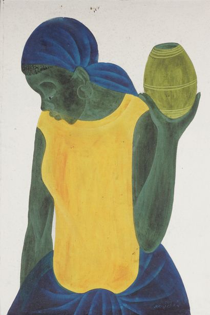 MANDA, DRC-20 th Sans titre (Femme à la jupe bleue). Huile sur panneau. 87 x 58,5....