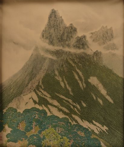 Somei YUKI (1875-1957) Montagne dans les nuages, 1930. Estampe d'après une peinture...