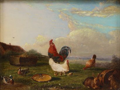 Frans VAN SEVERDONCK (1809-1889) Poules, canards et lapins sur fond de paysage de...