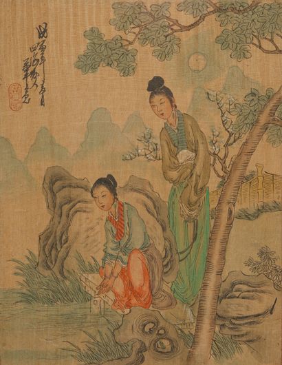 Chine début XXe - Gravure Femmes au bord du lac. Gravure sur bois rehaussée.