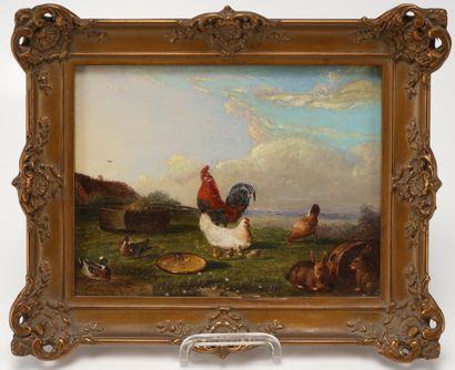 Frans VAN SEVERDONCK (1809-1889) Poules, canards et lapins sur fond de paysage de...