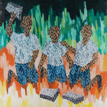 Alfred TSHIKAMA KALAMBA (1986), DRC Sans titre, "les écoliers", acrylique sur toile....
