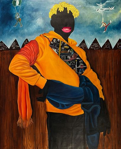 Christian Amos IKECHUKWU (1997), Nigeria "Man with gold hair", huile et collage sur...