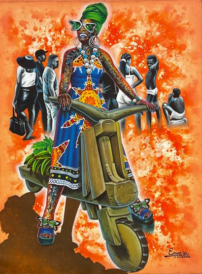 Enyejo BAKAKA (1976) "Maman Africa au shikudu", acrylique sur toile, signé et daté...