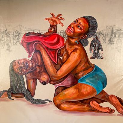 Falonne MAMBU, (1991), DRC "Notre précieux avenir". Huile sur toile. 100 x 100 cm....