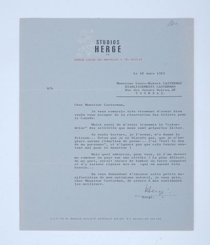 HERGÉ, Georges Remi dit (1907-1983) Lettre de Hergé à Casterman, 1965, à propos de...