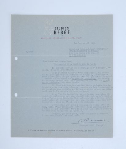 HERGÉ, Georges Remi dit (1907-1983) Lettre de Hergé à Casterman, 1954, à propos du...
