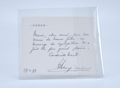 HERGÉ, Georges Remi dit (1907-1983) Carte de visite de Hergé avec texte de remerciements...