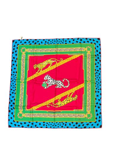 CARTIER Silk scarf. Feline motifs. 90 x 90 cm. Box and certificate.
