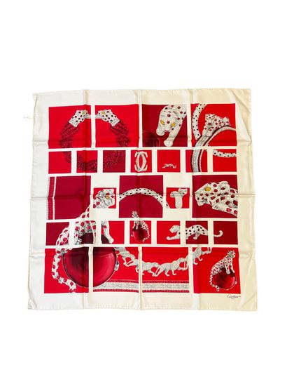 CARTIER Silk scarf. African savannah motif. 90 x 90 cm. Box and certificate.