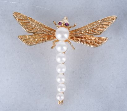 Broche, or et perles Dragonfly brooch in 14 ct gold, rubies and pearls, 5g.