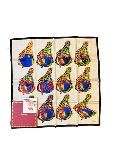 CARTIER Silk scarf. Royal panther motif. 90 x 90 cm. Box and certificate.