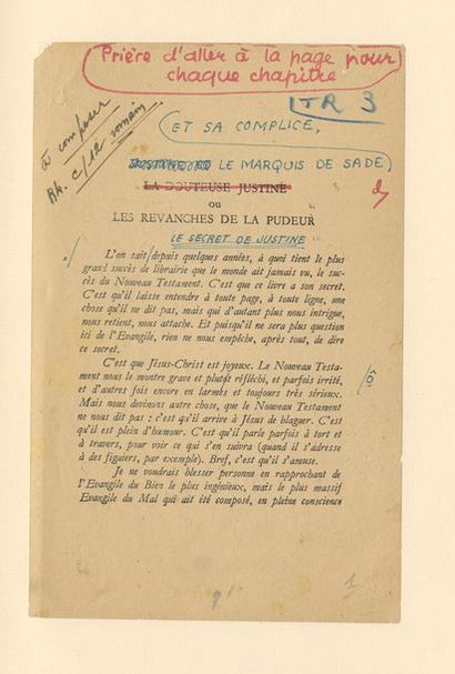 null [Marquis de SADE] Jean PAULHAN. Manuscrit. Le Marquis de Sade et sa complice,...