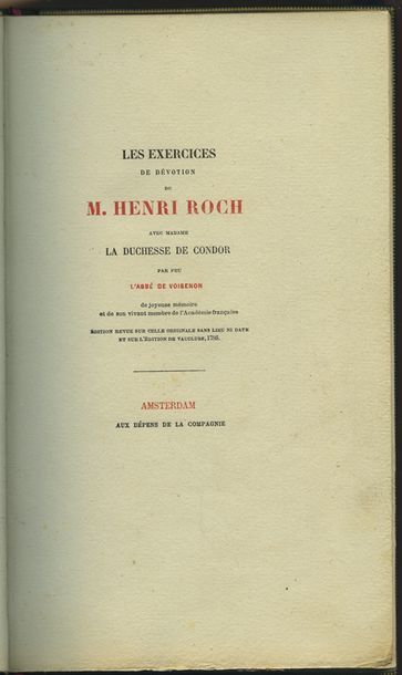  Abbé de VOISENON. Les Exercices de dévotion de M. Henri Roch avec Madame la duchesse...