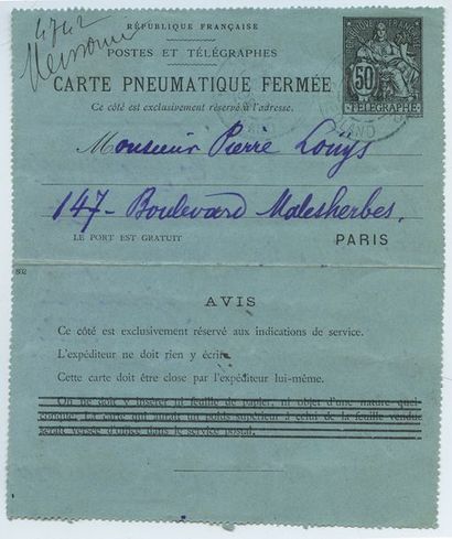 null Pierre LOUŸS et Marie de RÉGNIER. 6 tirages argentiques, 7 courriers manuscrits,...