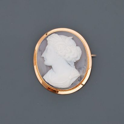 null Yellow gold brooch, 750 MM, decorated with a very beautiful cameo on two-coloured...