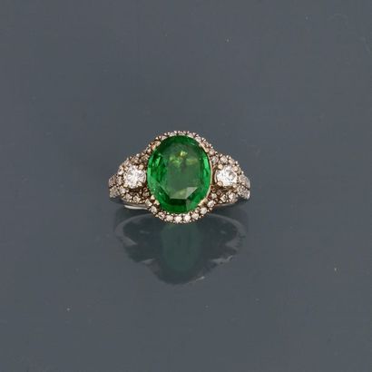 null White gold ring, 750 MM, decorated with a beautiful green garnet, oval Tsavorite...