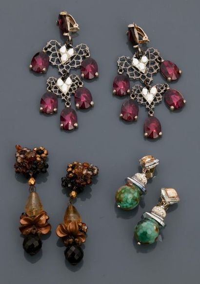 null Set: Three pairs of long ear clips decorated with glass paste and Swarovski...