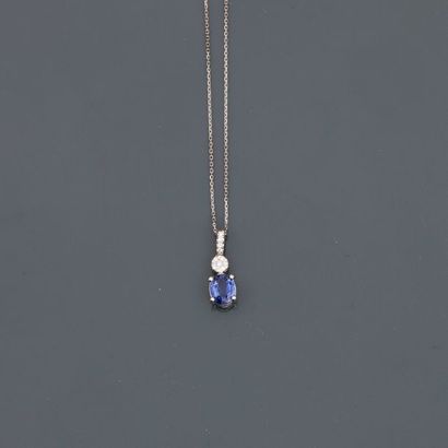 null Diamond chain and pendant in white gold, 750 MM, adorned with an oval sapphire...