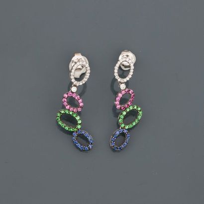 null White gold earrings, 750 MM, each adorned with diamonds, multicoloured sapphires...