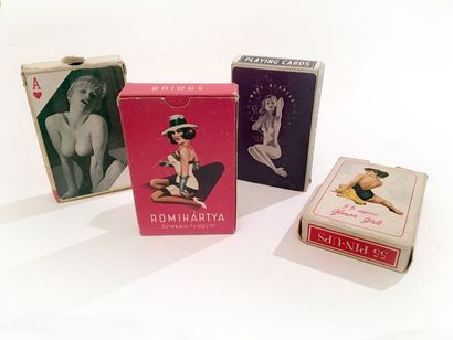 null 4 decks of cards, circa 1950. 1 deck of 54 cards with American pin-ups, Hungary;...