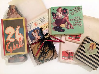 null Gil ELVGREN and others. 4 calendars with pin-ups by Elvgren on enamelled sheet...