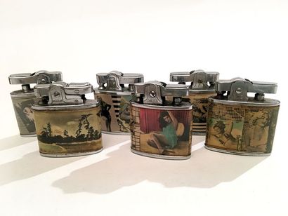 null 6 chrome-plated automatic petrol lighters with pin-ups. USA, circa 1960. 
