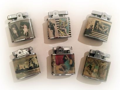 null 6 chrome-plated automatic petrol lighters with pin-ups. USA, circa 1960. 