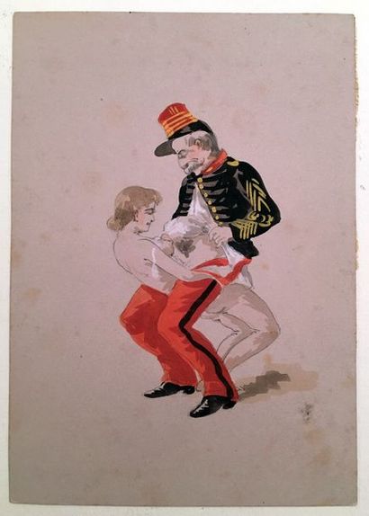 null [ROBERTY]. Girl with soldiers circa 1890. 3 watercolours, 15 x 10.5 cm each...