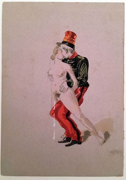 null [ROBERTY]. Girl with soldiers circa 1890. 3 watercolours, 15 x 10.5 cm each...