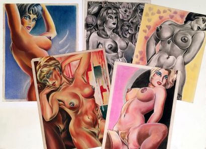 null [Unidentified Artist] Nude studies, circa 1950. 5 coloured pencil drawings,...