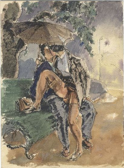 null [Artiste non identifié]. Sur le banc, vers 1930. Aquarelle, 28 x 21 cm.