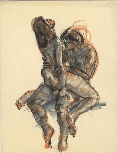 null [Artiste non identifié]. Couple en action, vers 1930. Aquarelle, 32 x 25 cm....