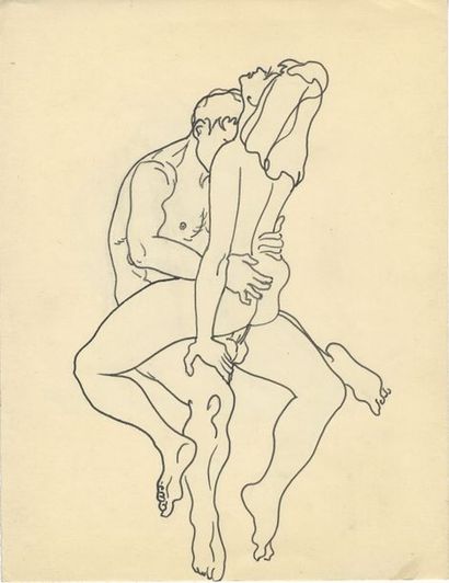 null [Artiste non identifié]. Couple en action, vers 1930. Aquarelle, 32 x 25 cm....