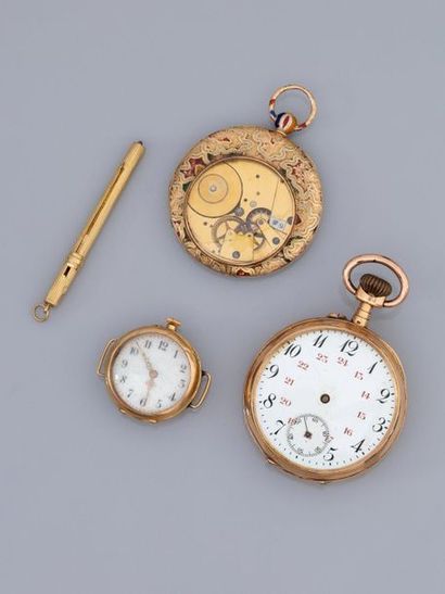 null Lot : boîtier rond, deux montres de gousset et porte mine en or jaune, 750 MM,...