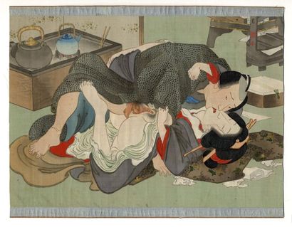 null [Artiste non identifié]. Shunga [Images du Printemps], Japon, vers 1900. 3 fragments...