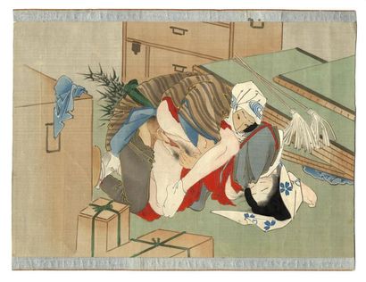 null [Artiste non identifié]. Shunga [Images du Printemps], Japon, vers 1900. 3 fragments...