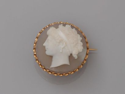 null Yellow gold brooch, 750 MM, setting a rare round cameo on bicolor agate, diameter...