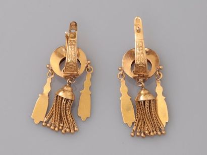 null Ear pumps in yellow gold 585MM and , 750 MM, each decorated with a blue stone,...