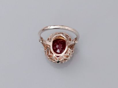 null White gold ring, 750 MM, set with an oval ruby weighing 6.28 carats centered...