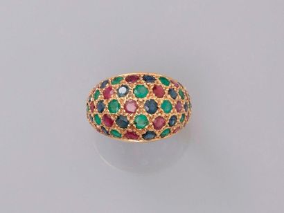null Pretty yellow gold ring " Boule ", 750 MM, covered with emeralds, sapphires...