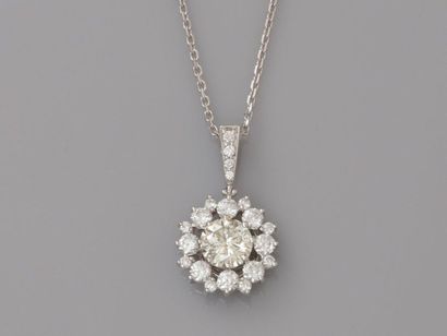 null Chaîne et joli pendentif en or gris, 750 MM, centré d'un diamant taille brillant...