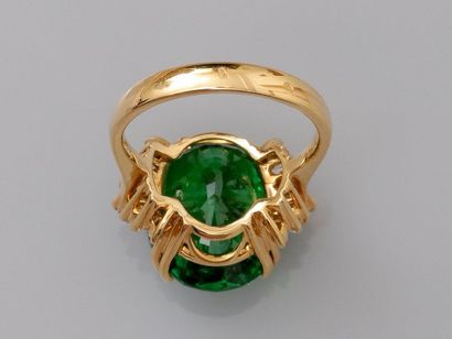 null White gold ring, 750 MM, set with a rare oval tsavorite weighing 12.53 carats,...